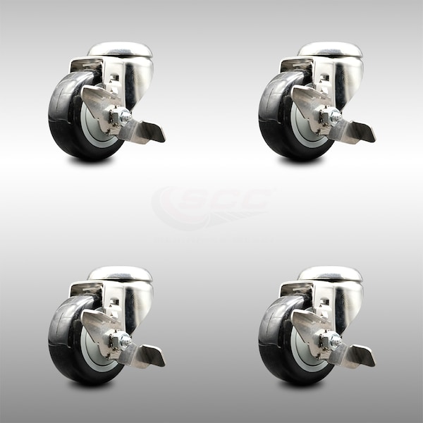Service Caster 3 Inch 316SS Black Polyurethane Wheel Swivel Bolt Hole Caster Set with Brake SCC SCC-SS316BH20S314-PPUB-BLK-TLB-4 - main